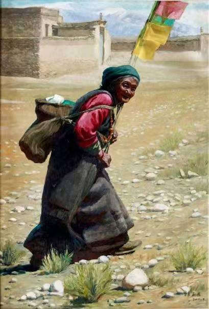 韓玉臣油畫《老阿媽與風馬旗》被羅馬市政府收藏