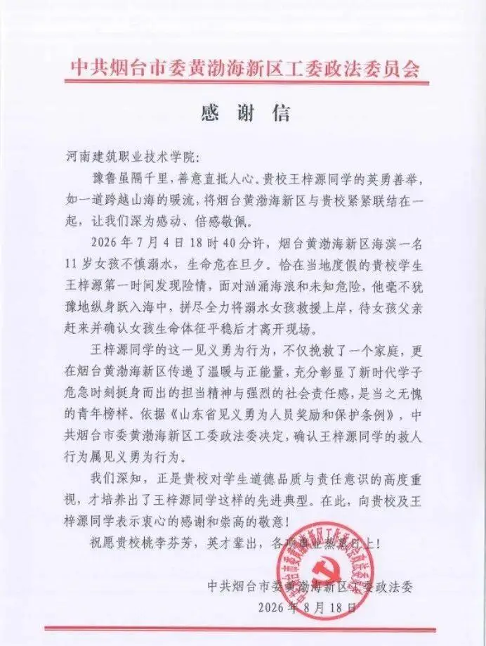 河南大學生王梓源，確認見義勇為！